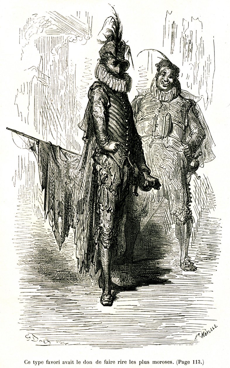 Gravura de Gustave Dore ilustrando o romance de Theophile Gautier "O Capitão Fracasse". Edição Charpentier 1863. Dois comediantes (actores da commedia dell
