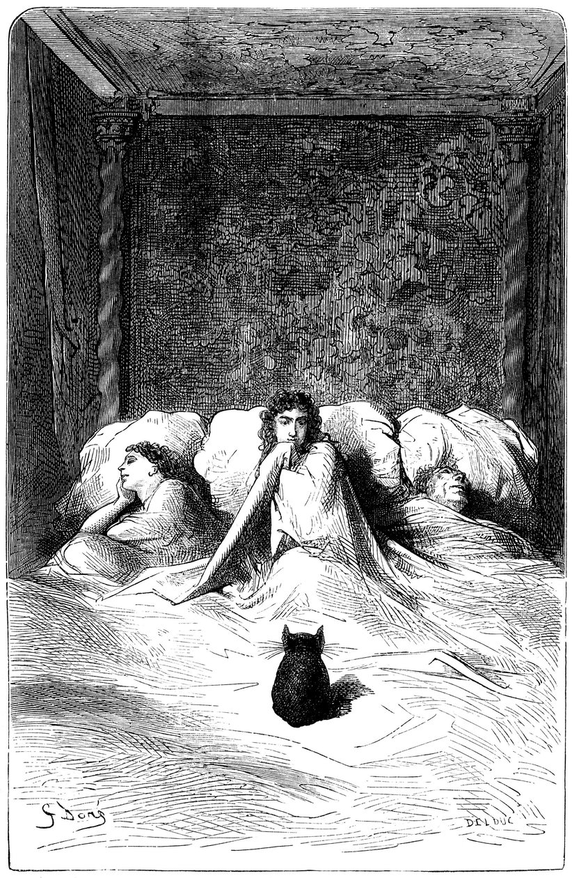 Gravura de Gustave Dore ilustrando o romance de Theophile Gautier "O Capitão Fracasse". Edição Charpentier 1863. Na residência do Barão de Sigognac, o "Chateau de la Misere", um grupo de cómicos encontrou refúgio. Três actrizes adormeceram num l de Gustave Dore