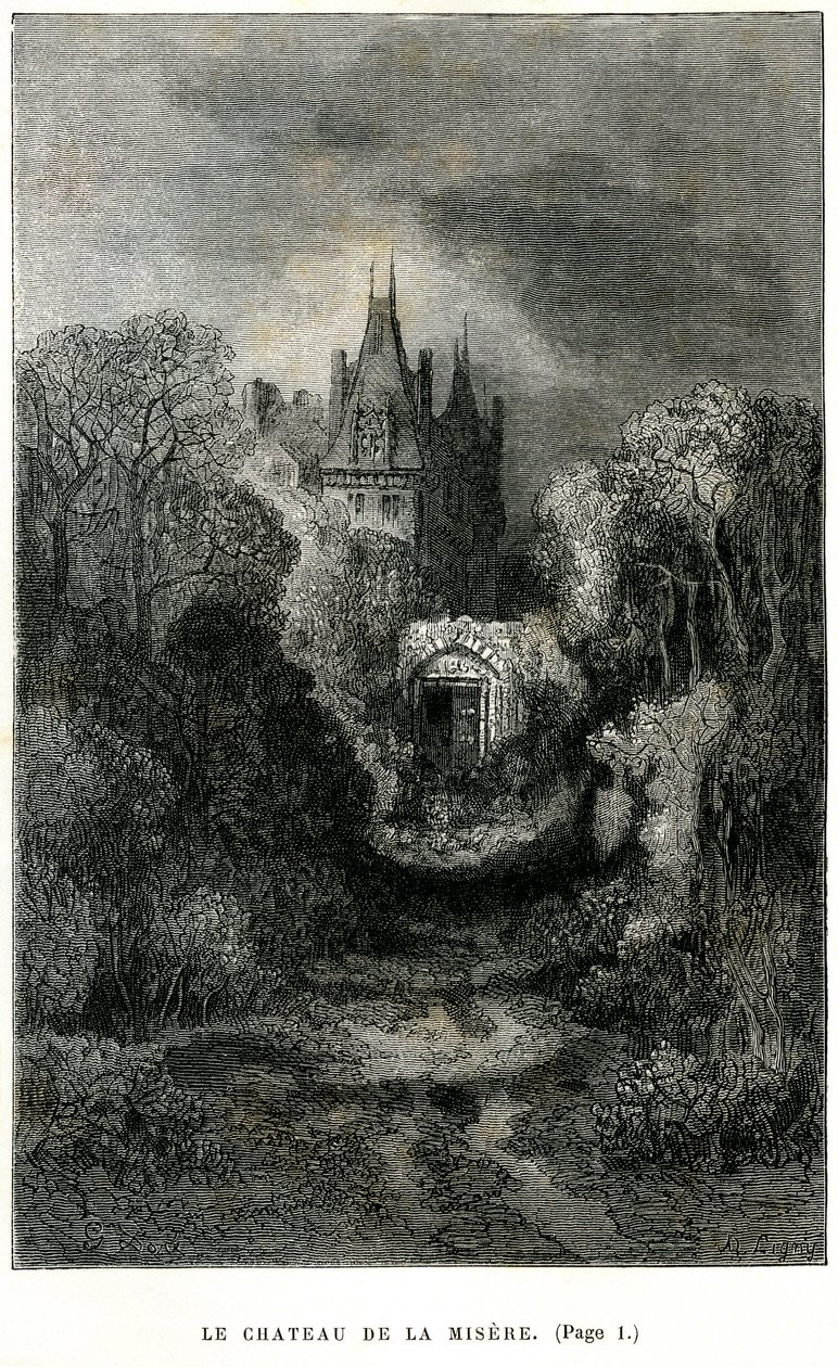 Gravura de Gustave Dore no frontispício do romance de Theophile Gautier "O Capitão Fracasse". Edição Charpentier 1863. O Chateau de la Misere, casa do Barão de Sigognac. de Gustave Dore