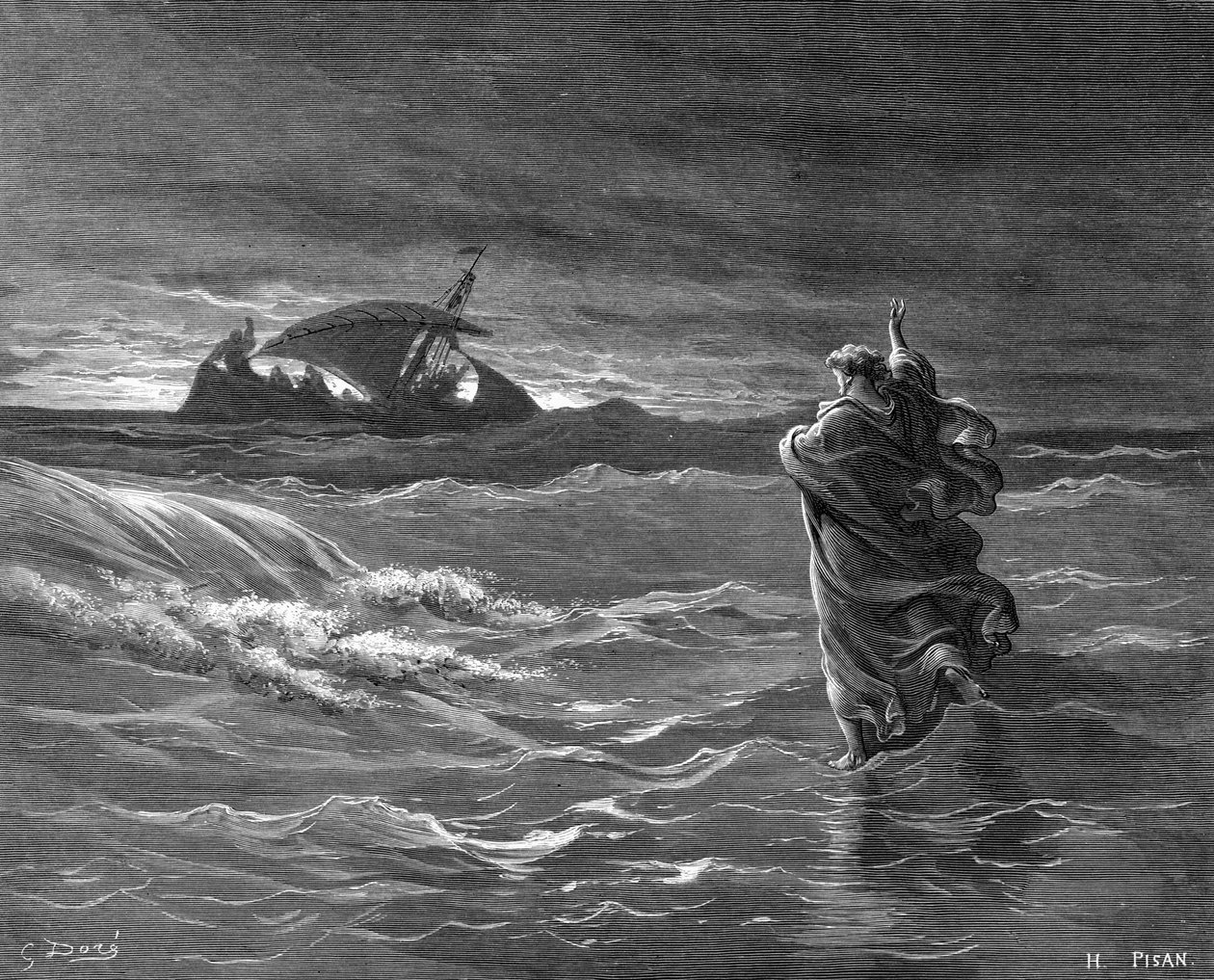 Gravura de Jesus a caminhar sobre a água de Gustave Dore