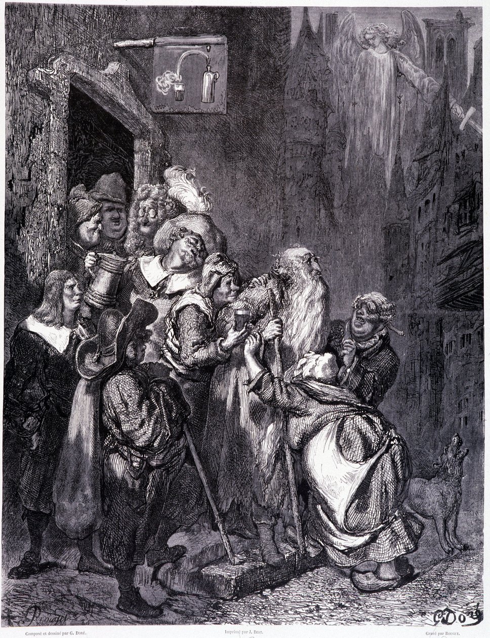 Entre nesta pousada, placa IV - Ilustração de Gustave Dore (1832-1883), para La legende du Jeif vagueando por Pierre Dupont, edição Librairie du magasin pitoresco, Paris 1862 de Gustave Dore