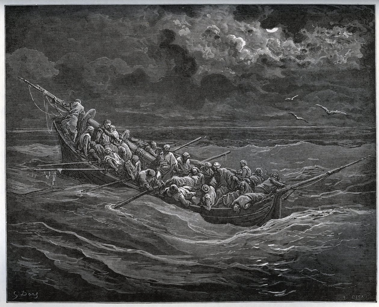 Fuga de Zoraide com o cativo no barco cheio de fugas de Argel para Espanha - de "Dom Quixote de la Mancha" de Miguel Cervantes (1547-1616) (Dom Quixote) - Corte de madeira depois de desenho de Gustave Dore de Gustave Dore