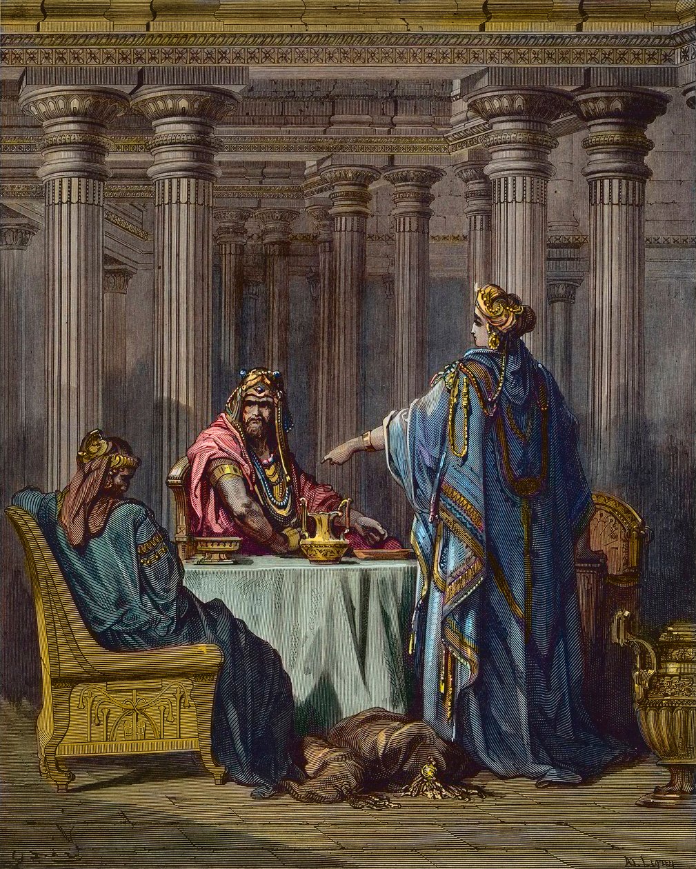 Esther acusando Haman (Aman) - cenas bíblicas, Esther e Aman, gravura em madeira de Gustave Dore - coloração posterior de Gustave Dore