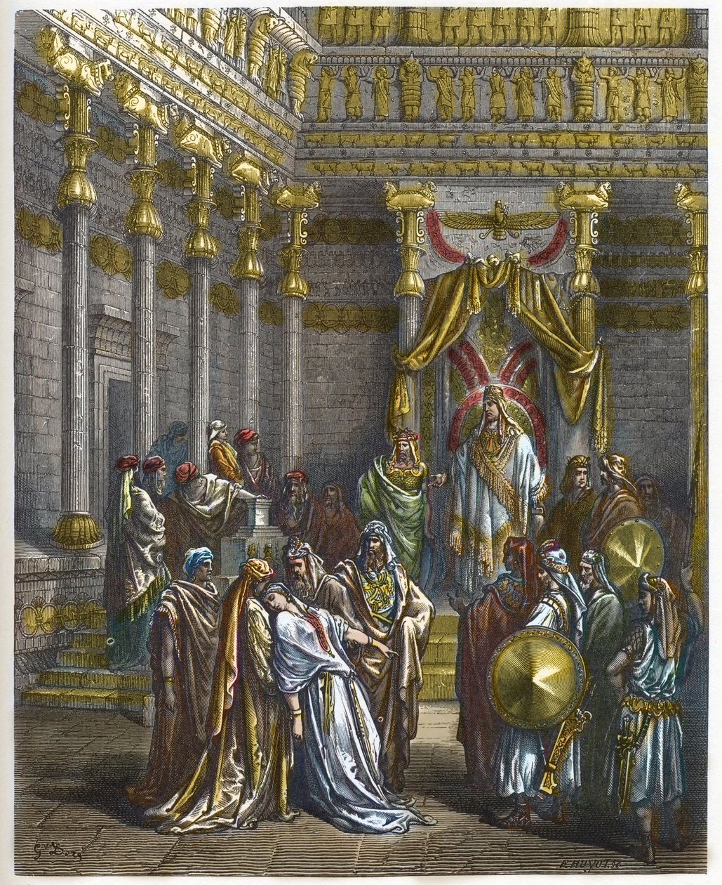Ester desmaia perante o rei da Pérsia Assuero 1 (Xerxes 1) - A rainha Ester desmaia perante o rei Assuero - - Gravura em "A ilustração bíblica" de Gustave Dore (1832-1883) - Gravura em "A Bíblia Dore de Gustave Dore