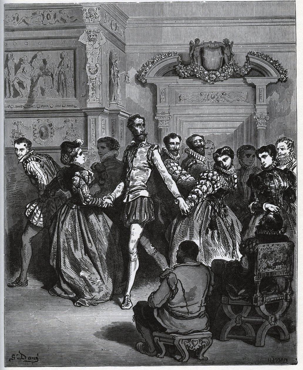 Noite organizada após Don Antonio. Dom Quixote descobre sem apreciar os prazeres da dança - de “Don Quixote de la Mancha” de Miguel Cervantes de Gustave Dore