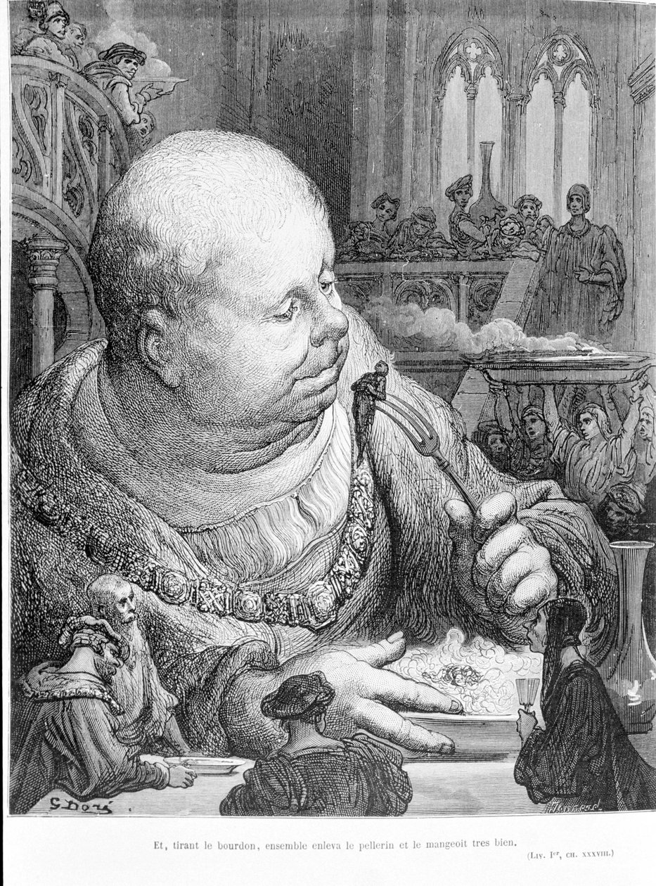 Extracto de Gargântua (1534) de François Rabelais (1483 - 1553): E, puxando a abelha, juntos removeram a pellerina e comeram-na muito bem. Gravura de Gustave Dore (1823-1883) de Gustave Dore