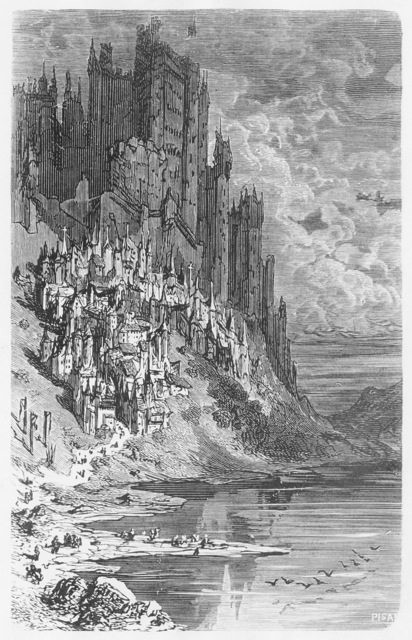 Paisagem de fantasia com a cidade e castelo, ilustração de &39;Les Contes Drolatiques&39; por Honore de Balzac (1799-1850) de Gustave Dore