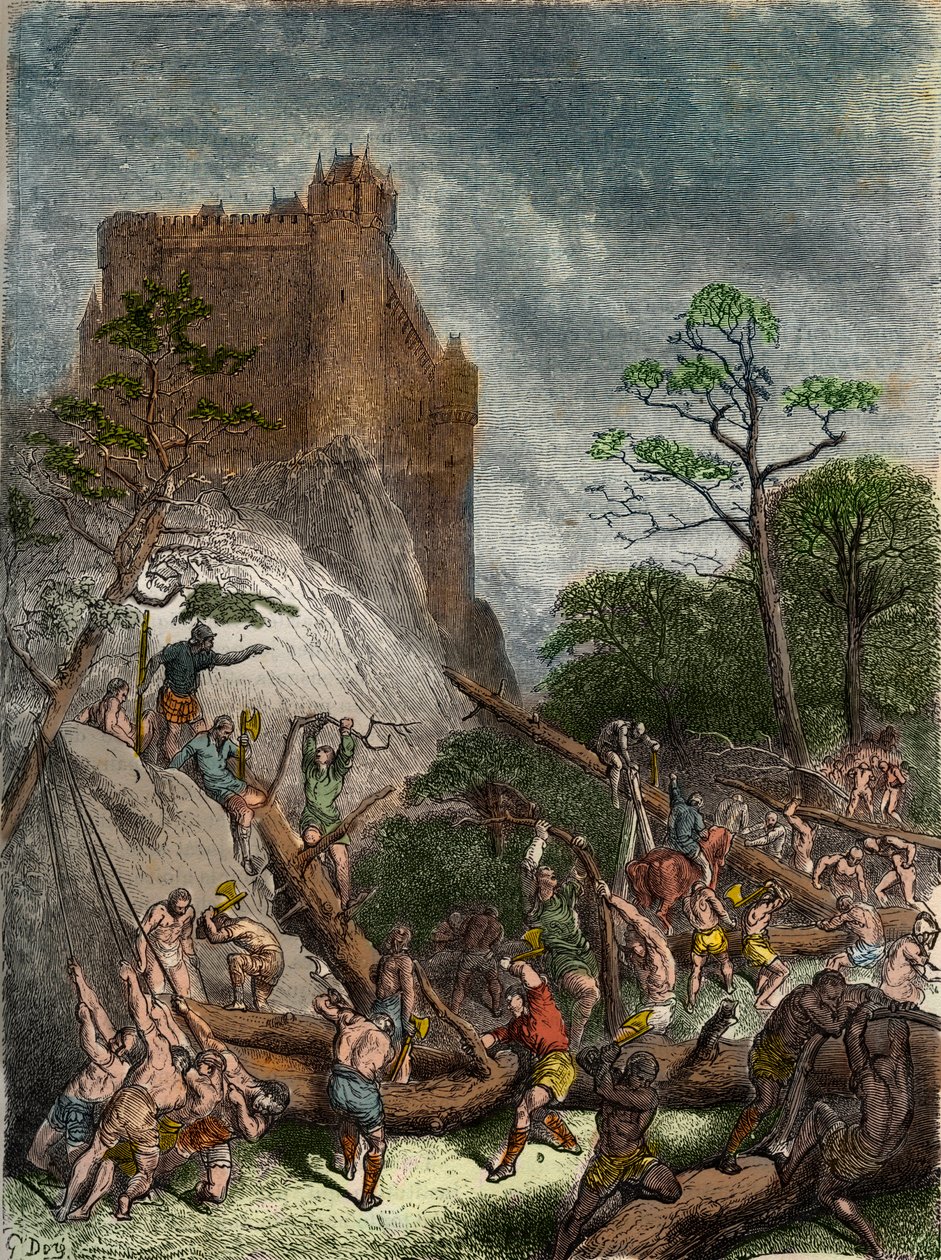 Feodalite na Idade Média: Servos trabalhando para o Senhor - Gravura de Gustave Dore do século XIX em "História Nacional ilustrada da França desde os tempos mais antigos até os dias de hoje" 1876 - Coleção privada de Gustave Dore