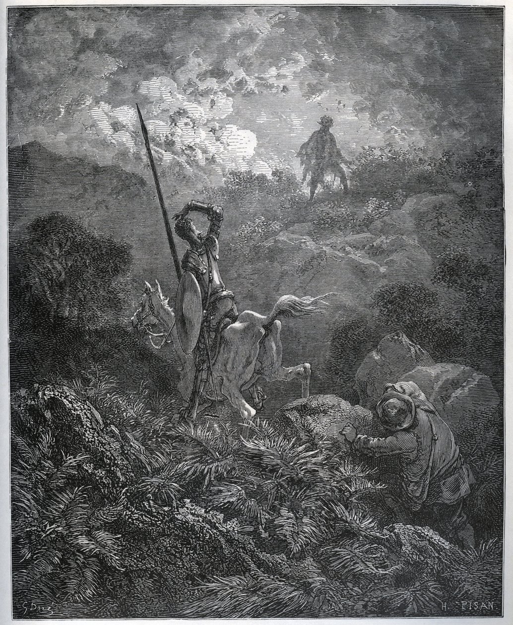 Primeira aparição do Deguenille-de-la-Malaise-Mine - de "Dom Quixote de la Mancha" de Miguel Cervantes (1547-1616) (Dom Quixote) - Lenhador após desenho de Gustave Dore de Gustave Dore