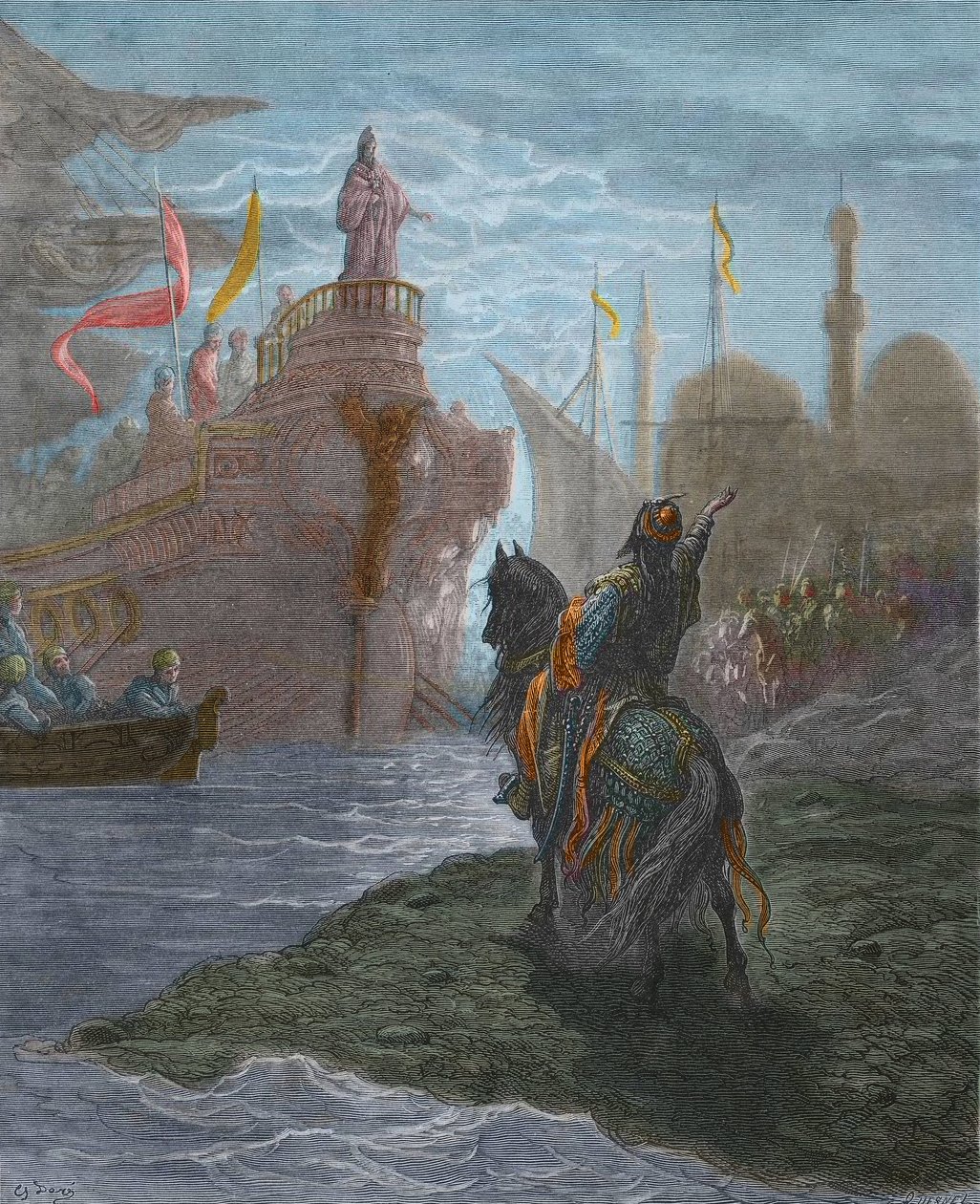 Quarta Cruzada - Quarta Cruzada - Alexis V Doukas Murzuphle (1140-1204) - Murzuflo (Alessio Ducas) negociando com Doge Enrico Dandolo (1107-1205), en 1204. gravura de Gustave Dore (1832-1883) de History of the Crusades de Gustave Dore