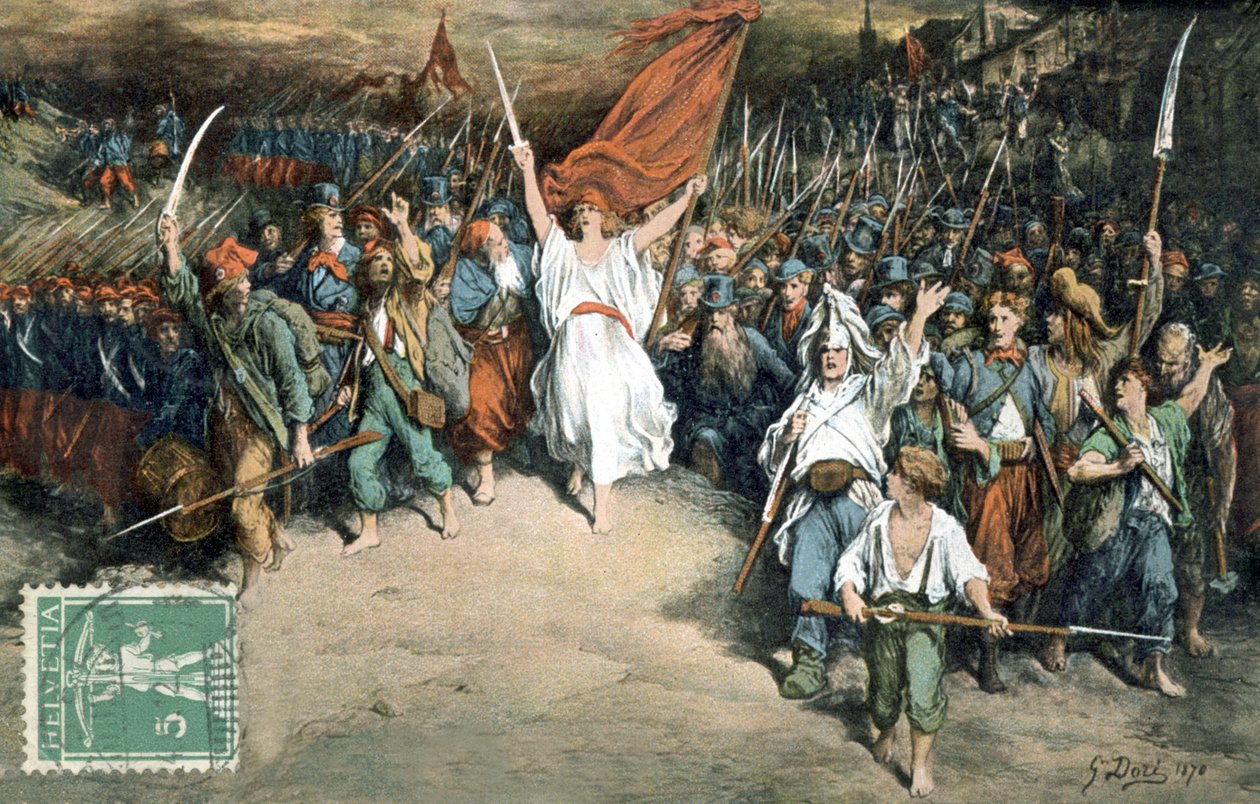 A República Francesa liderando o povo francês na luta contra os prussianos, desenho de Gustave Dore (1870), Postal de Gustave Dore