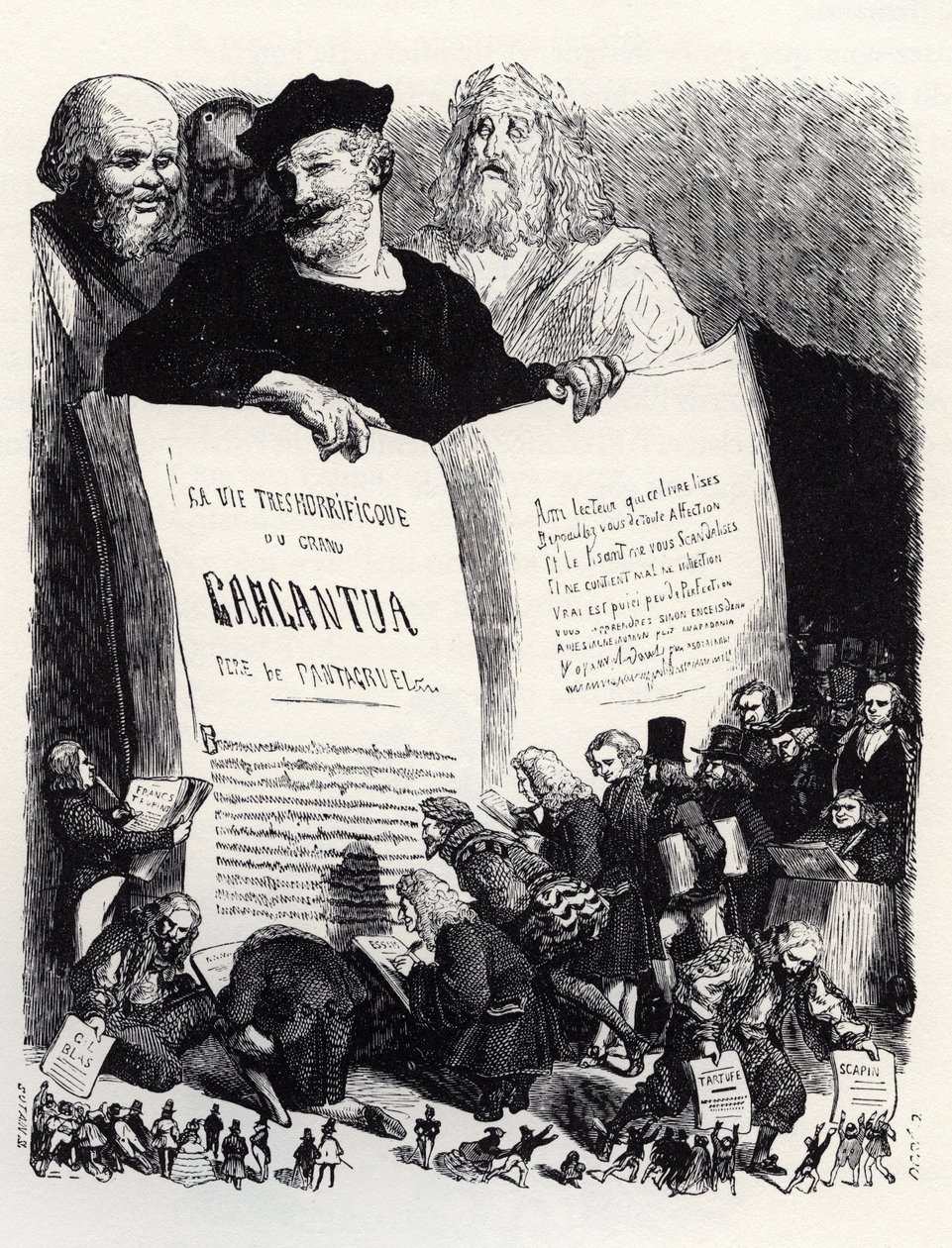 Frontispício da edição de 1854 - Na companhia de escritores antigos e modernos, Rabelais apresenta seu segundo romance - ilustração de 