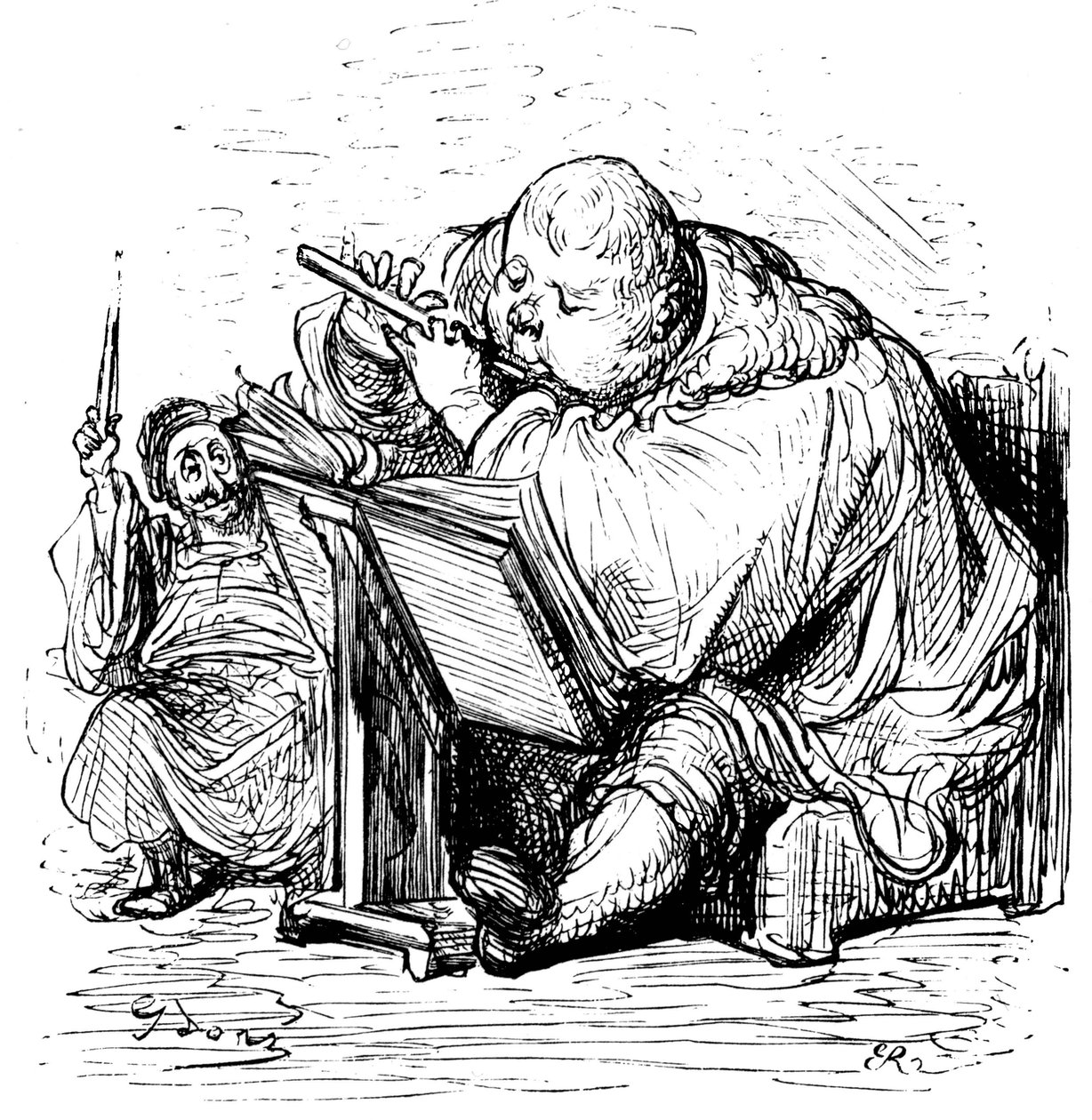 Educação de Gargantua: o jovem cavalheiro aprende a tocar flauta com o seu professor de música. Gravura de Gustave Dore ilustrando a obra de Rabelais. de Gustave Dore