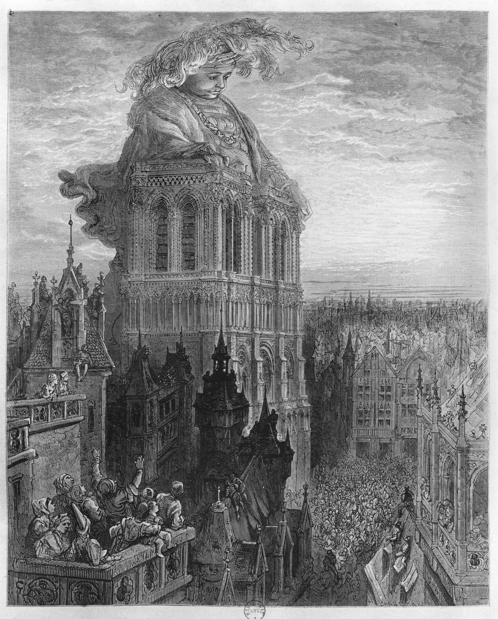 Gargantua nas torres de Notre-Dame em Paris, ilustração de &39;Gargantua&39; por Francois Rabelais (1494-1553) gravada por Pannemaker (gravura) (foto de bw) de Gustave Dore