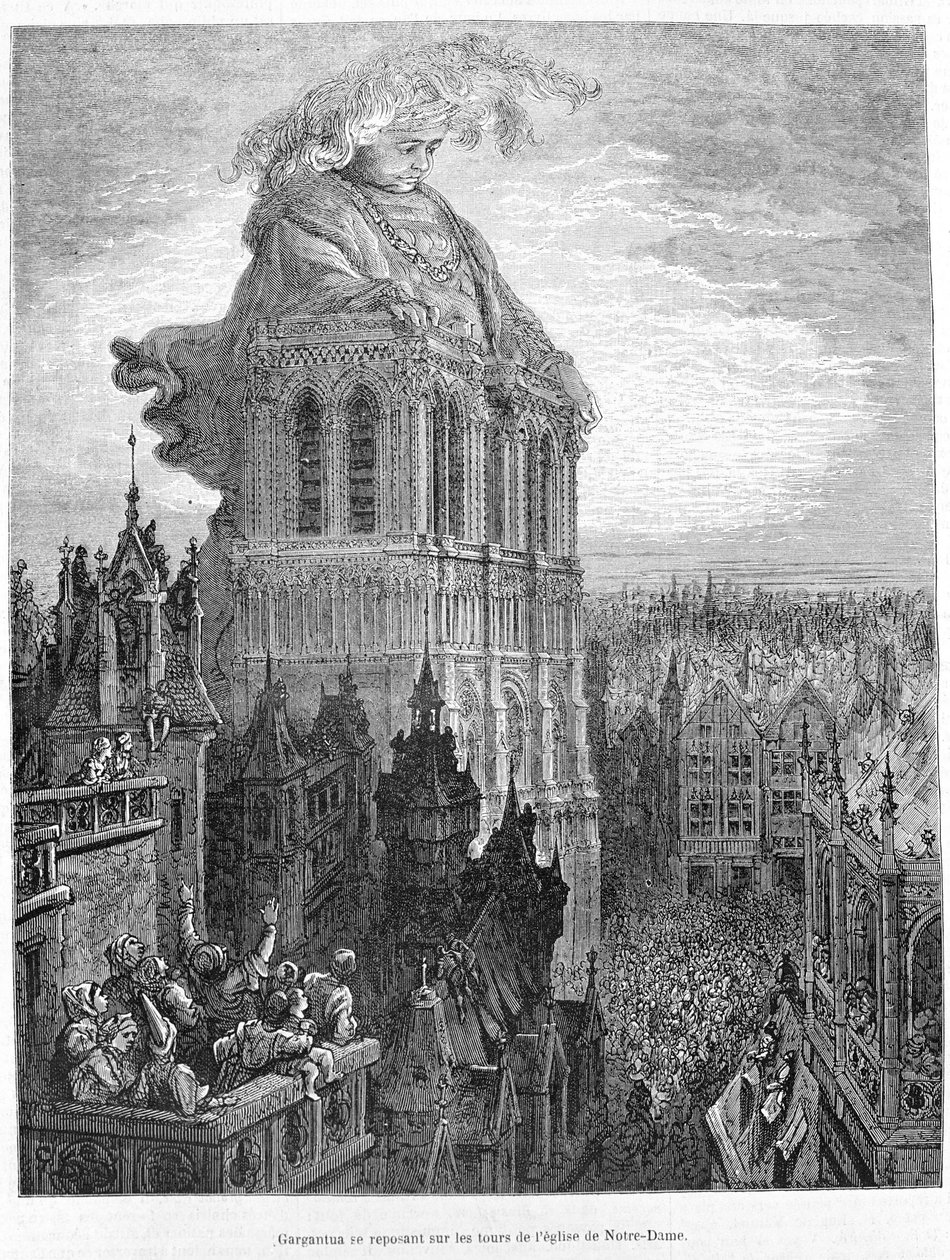 Gargântua descansando sobre as torres da Igreja de Nossa Senhora. Gravura após a obra Gargântua de François Rabelais (1483 - 1553) de Gustave Dore