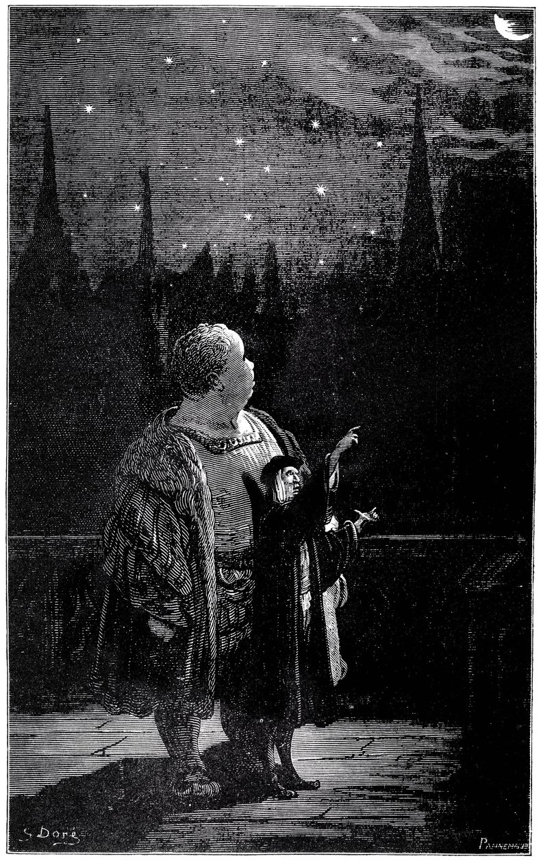 A educação de Gargântua: à noite, com um astrónomo, o jovem gigante observa astros, estrelas e cometas no céu noturno. Gravura de Gustave Dore ilustrando a obra de Rabelais. de Gustave Dore