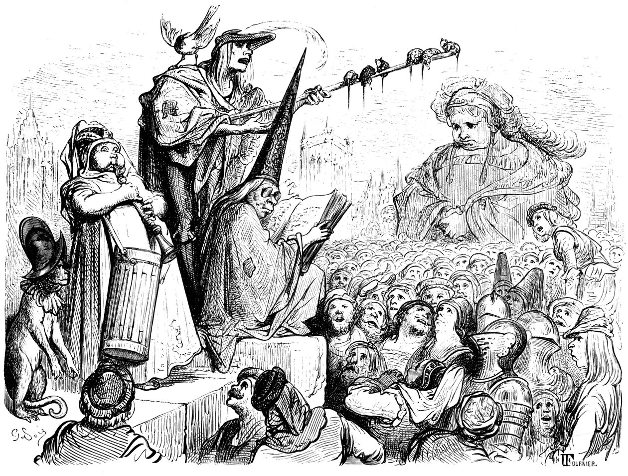 A educação de Gargantua: "ele ia ouvir lições públicas, actos solenes, repetições, declamações, alegações de bons advogados, discursos de pregadores evangelistas...". Gravura de Gustave Dore ilustrando a obra de Rabelais. de Gustave Dore