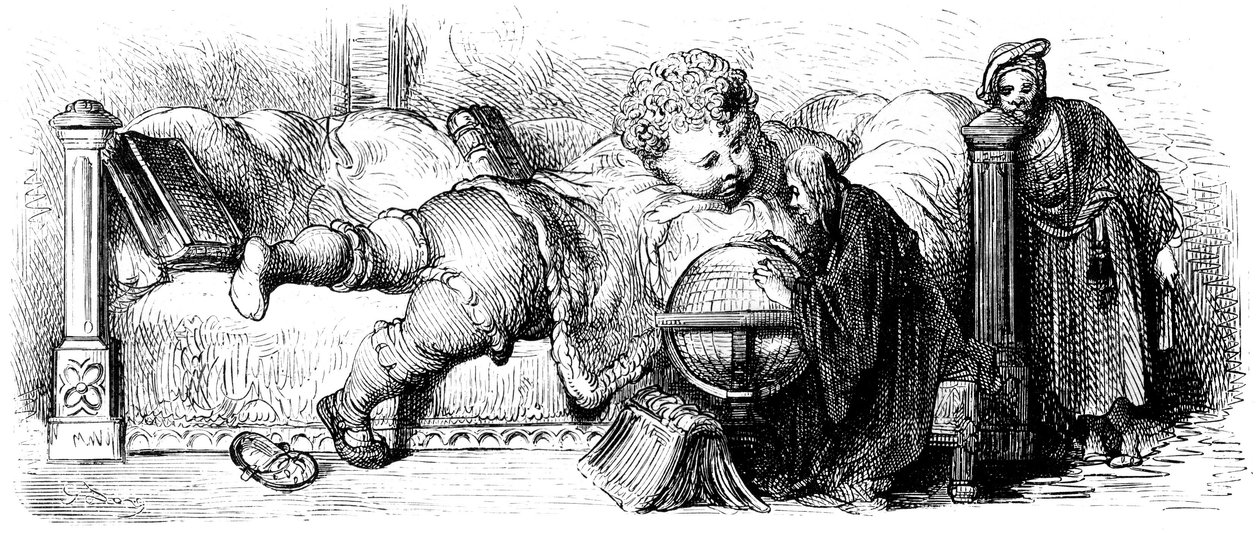 A educação de Gargântua: o gigante, uma criança, deitado na sua cama, estuda um globo com os seus professores. Ilustração de Gustave Dore para a obra de François Rabelais. de Gustave Dore