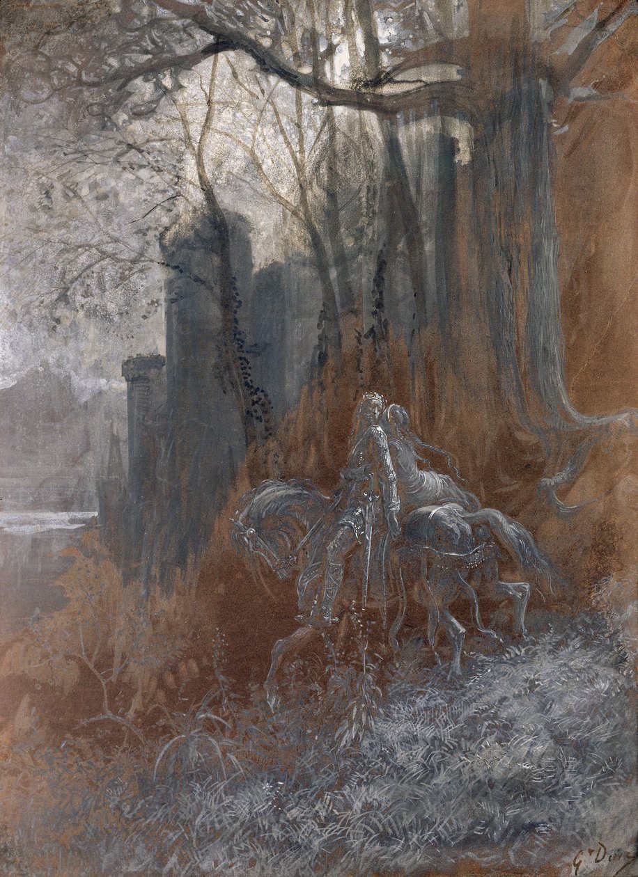Geraint e Enid Ride Away, 1868 (guache e wc no papel) de Gustave Dore