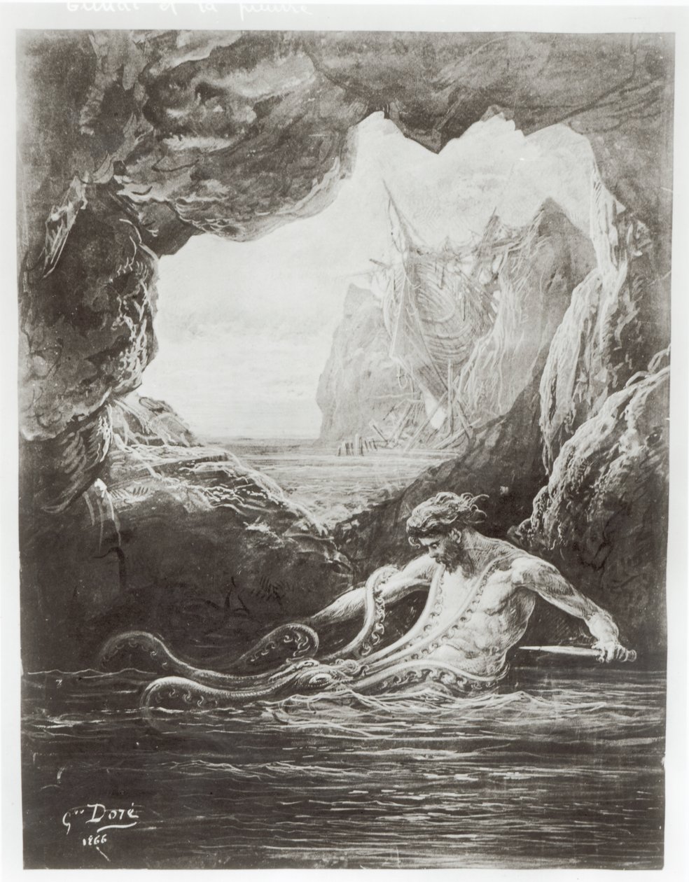 Gilliatt luta com o polvo gigante, ilustração de &39;Les Travailleurs de la Mer&39; por Victor Hugo (1802-85) 1866 de Gustave Dore