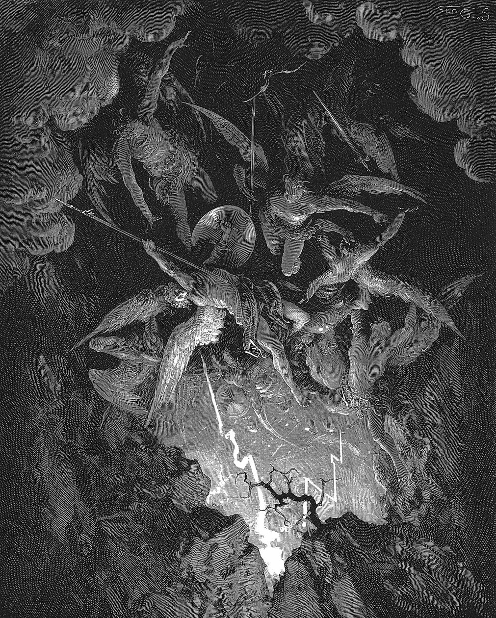 Ilustração de Gustave Dore para o poema épico de John Milton que dramatiza a queda do Homem, Paraíso Perdido (1667) Livro VI. Caindo pela brecha na muralha do céu, os anjos rebeldes precipitam-se no inferno. Gravura em madeira de 1866 de Gustave Dore