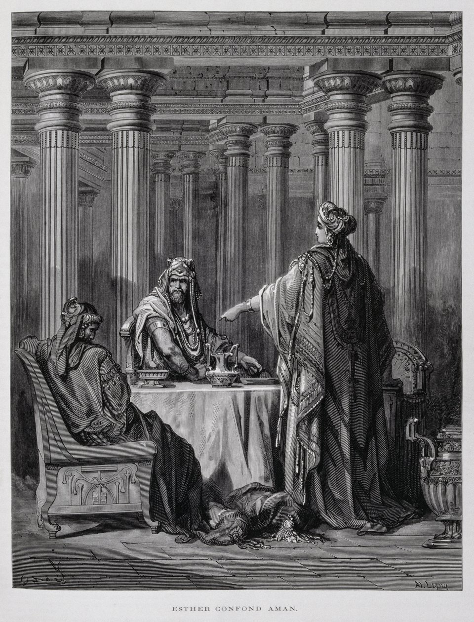 Hamã denunciado pela rainha Ester, ilustração da Bíblia de Dore de Gustave Dore