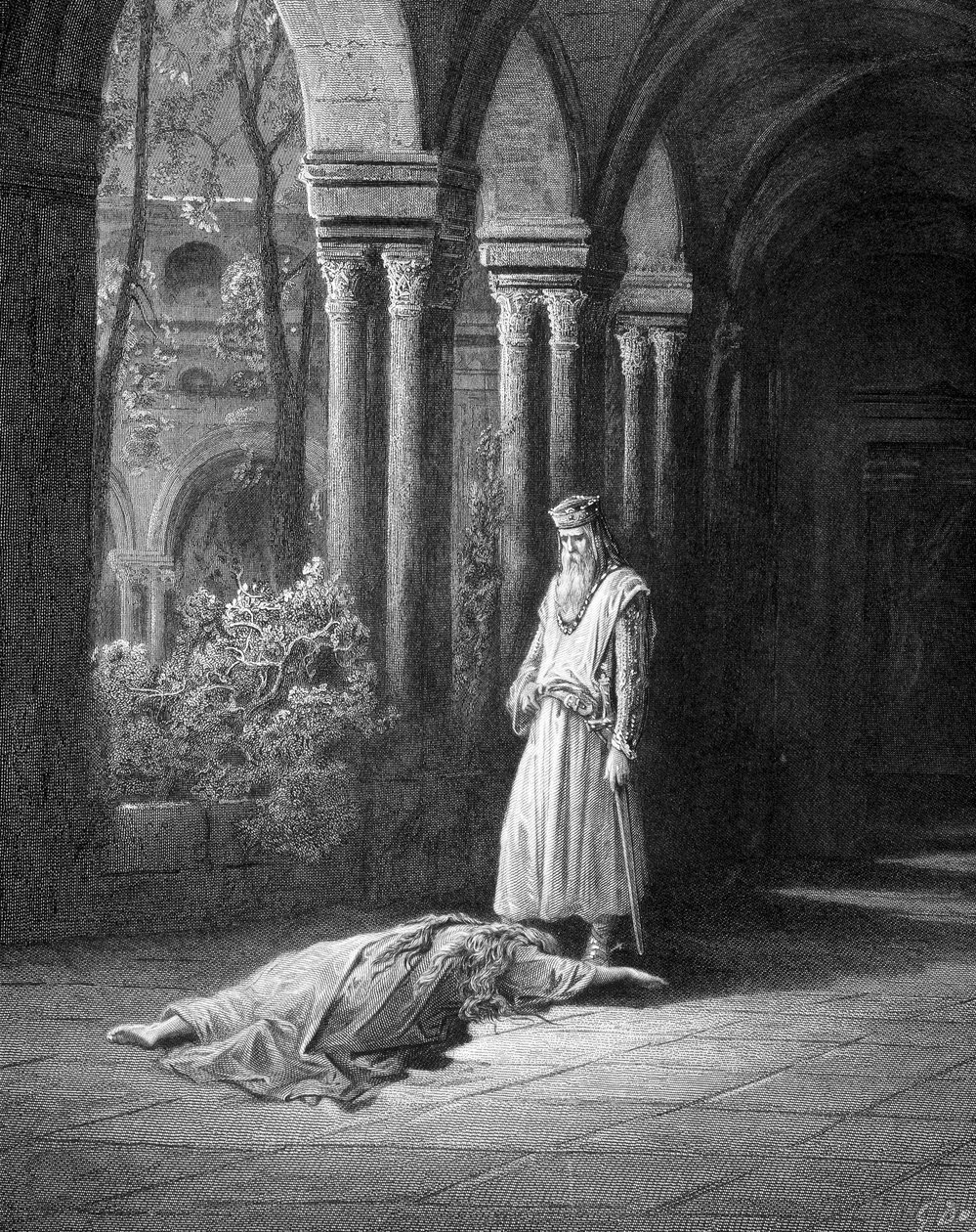 Ele parou: a Rainha arrastou-se um pouco na sua direção, ela colocou as mãos em torno dos pés do marido (Junièvre e Rei Artur) - em "Juniper" de Alfred Tennyson, doente. de Gustave Doré Paris, Librairie Hachette et Cie de Gustave Dore