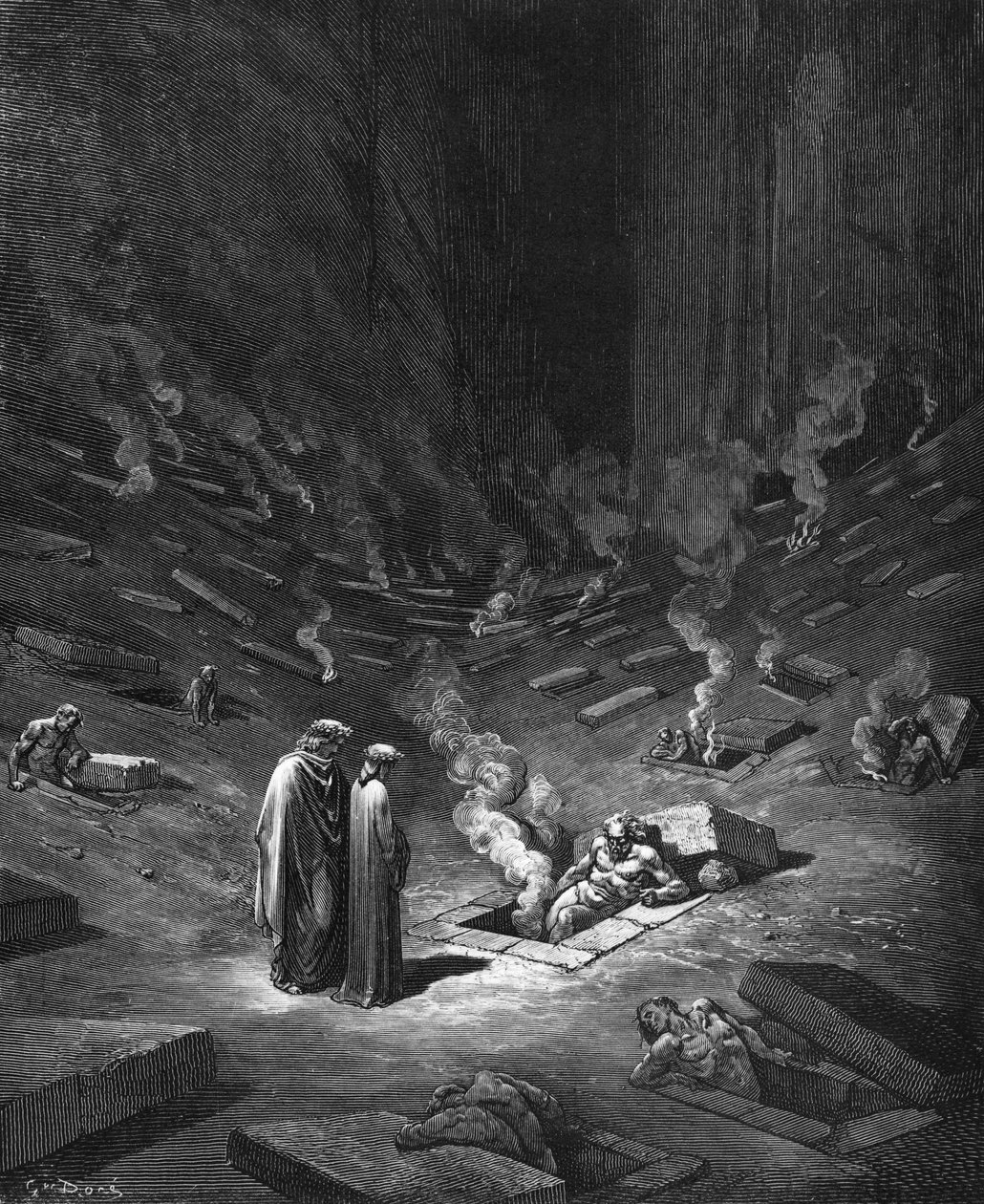 Heresiarchs, ilustração de &39;The Divine Comedy&39; (Inferno) por Dante Alighieri (1265-1321) Paris, publicado em 1885 de Gustave Dore