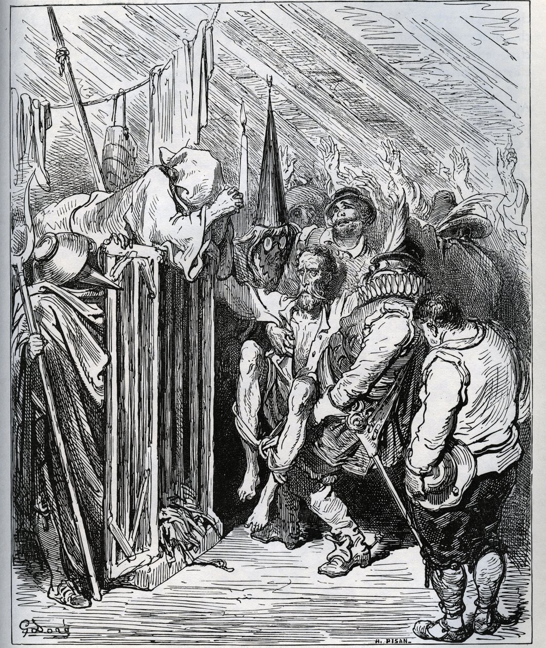 Como se livrar do Dom Quixote. As pessoas da loja do hotel decidiram prendê-lo fazendo-o acreditar num novo encantamento e num novo teste de cavalheirismo - de "Don Quixote de la Mancha" de Miguel Cervantes (1547-1616) (Don Quixote) - Lenhador depois de de de Gustave Dore
