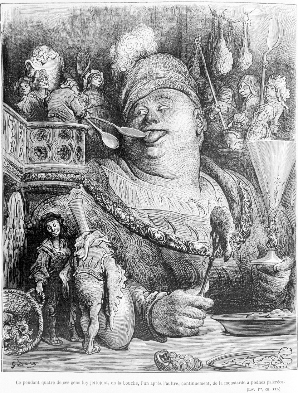 Entretanto, quatro de seu povo jogaram mostarda na boca, uma após a outra, continuamente, com a mão cheia. Extracto de Gargântua de François Rabelais (1483 - 1553), gravura de Gustave Dore (1832-1883). de Gustave Dore