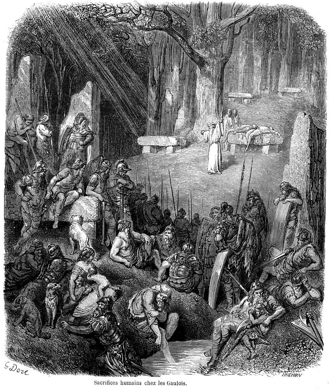 Sacrifício humano entre os gauleses - druidas, dólmen, menir - gravura de Gustave Dore em "L