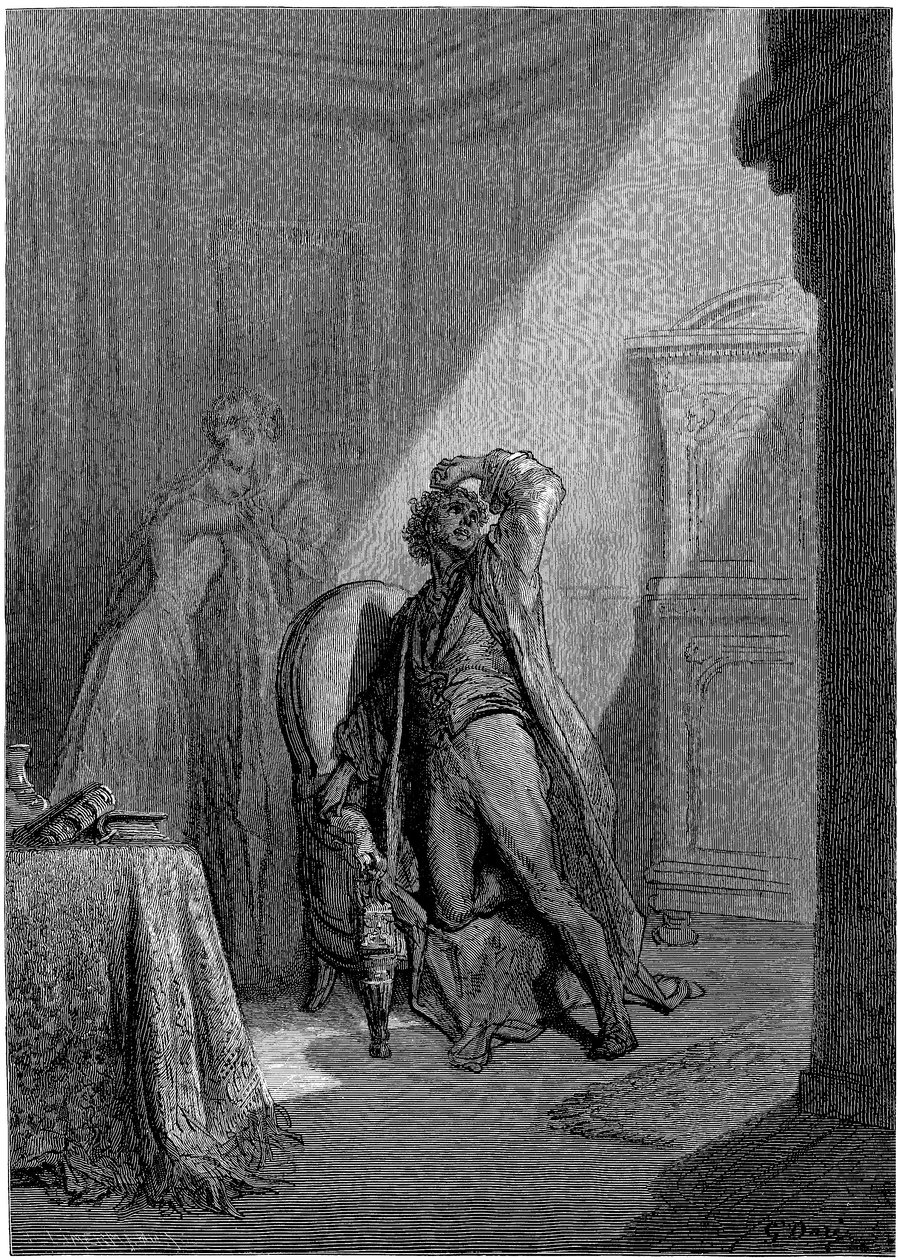 Ilustração de Gustave Dore (1832-1883) para o conto "O Corvo", de Edgar Allan Poe. Esta série foi concluída por Dore em 1883, ano da sua morte, sendo por isso uma das suas obras mais recentes - de Gustave Dore