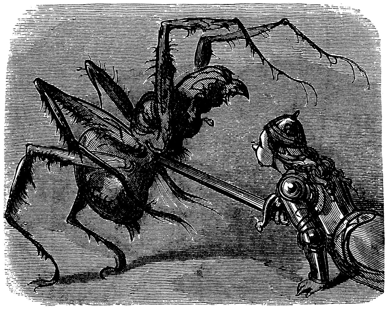 Ilustração de Gustave Dore (1832-1883) para o livro de Ernest Lepine "La legende de Croquemitaine" (1863) - Perante esta imagem de luta com a espada contra um gigantesco araignee, não podemos deixar de pensar na batalha de Frodo e Aragne em Tolkien de Gustave Dore