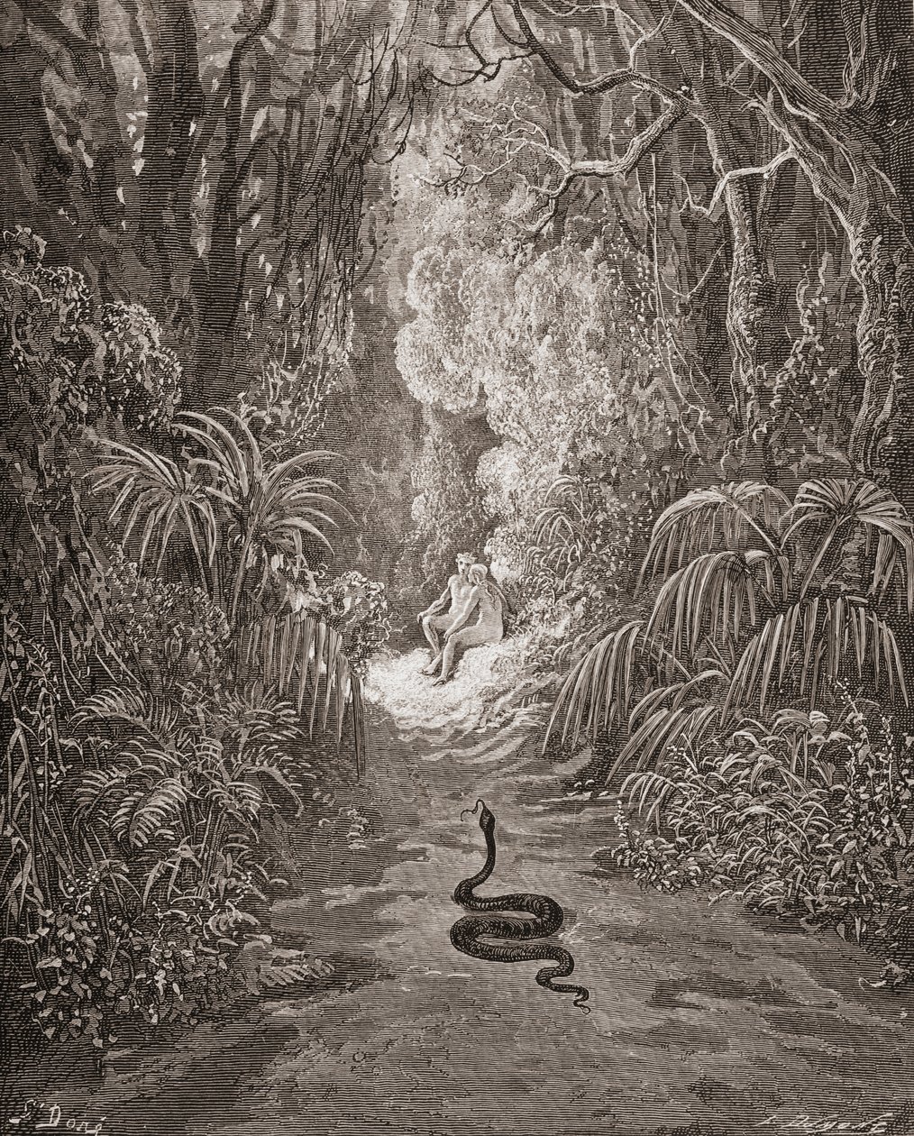 Ilustração de Gustave Dore 1832-1883 Artista francês e ilustrador do Paraíso Perdido de John Milton Livro IX linhas 434 e 435 de Gustave Dore