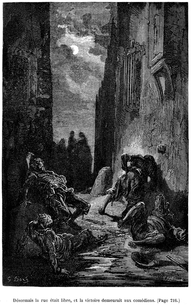 Ilustração de Gustave Dore para o romance de Theophile Gautier "Le Capitaine Fracasse" - Edição Charpentier 1883, praticamente idêntica à primeira edição ilustrada por G. Dore na mesma editora em 1866. Capítulo "Espada, batedor e outras aventuras de Gustave Dore