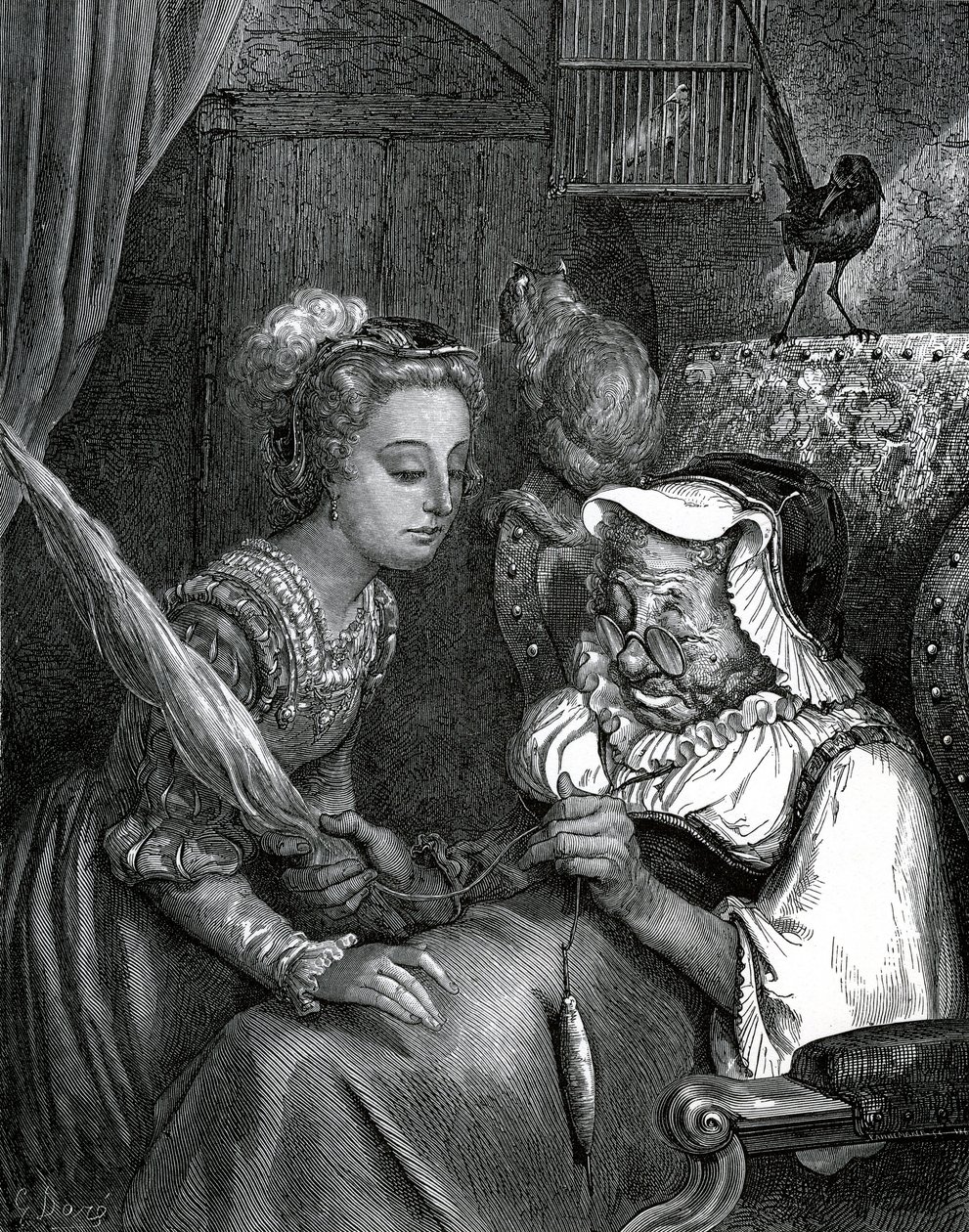 Ilustração de Gustave Dore para um conto de Charles Perrault: A Bela Adormecida. A princesa vai picar-se no rabo de gato de uma velha que foge no fuso. de Gustave Dore