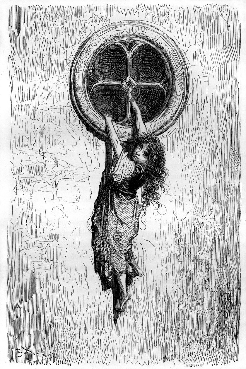 Ilustração de Gustave Dore para o romance "Le Capitaine Fracasse" de Theophile Gautier (1811-1872). Ágil como um gato e magra como uma cobra, a jovem Chiquita atravessa uma janela para se juntar à prisioneira Isabelle. de Gustave Dore