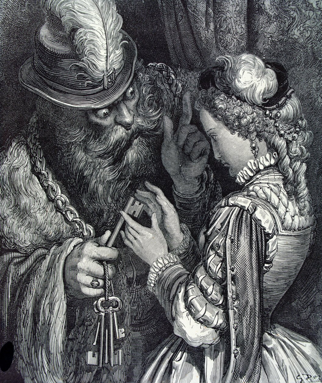 Ilustração para &39;Bluebeard&39; por Charles Perrault (1628-1703) 1893 de Gustave Dore