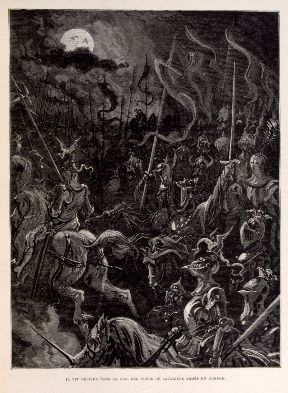 Ilustração de cavaleiros em batalha durante uma noite de luar. de Gustave Dore