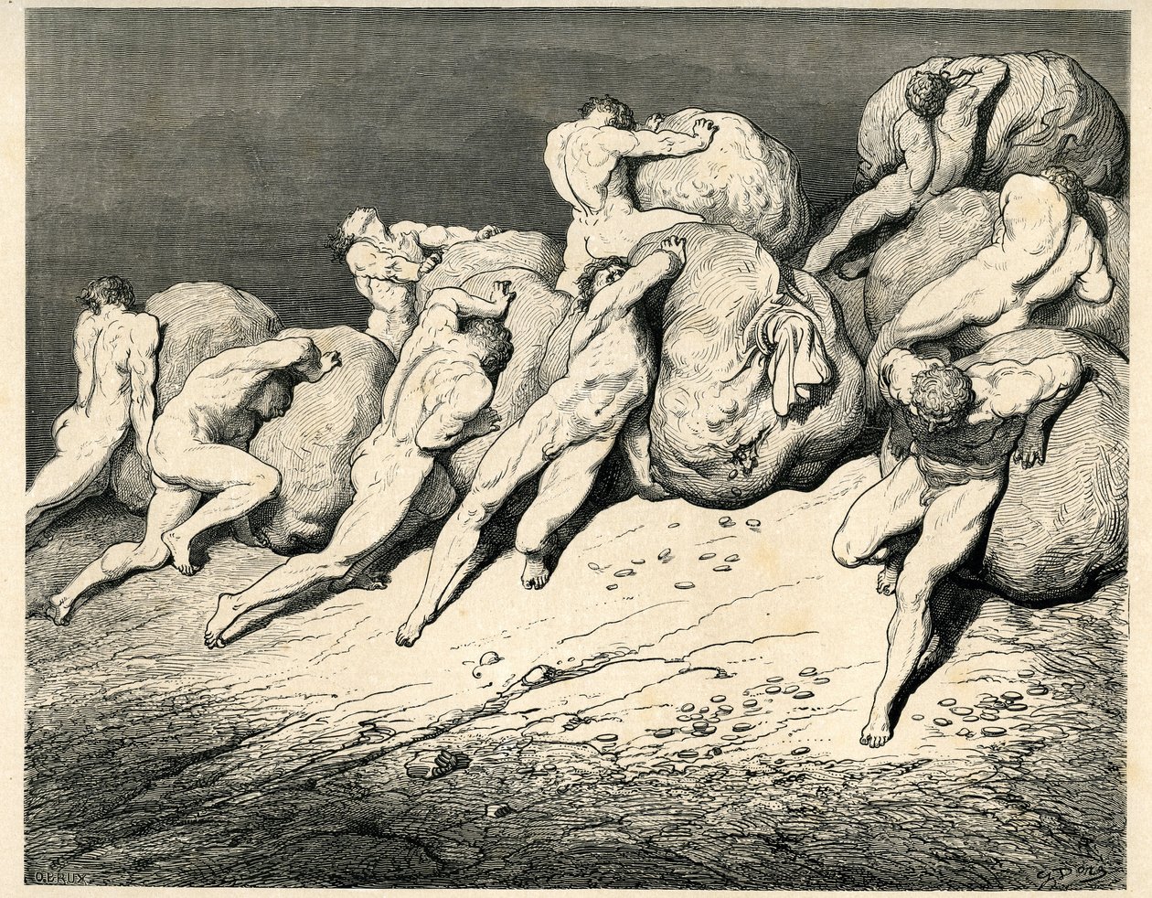 No quarto círculo do Inferno, presidido por Plutão (Hades), os Avares e os Prodígios transportam e rolam pesados fardos (pedras), chocando com a cólera. Gravura de O Inferno de Dante Alighieri (a Divina Comédia) ilustrada por Gustave Dore. Francês e de Gustave Dore