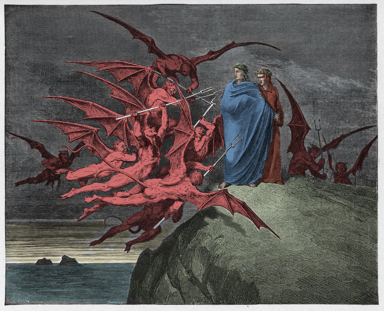Inferno, Canto 21: Os demônios ameaçam Virgil, ilustração da "Divina Comédia" de Dante Alighieri, 1885 de Gustave Dore