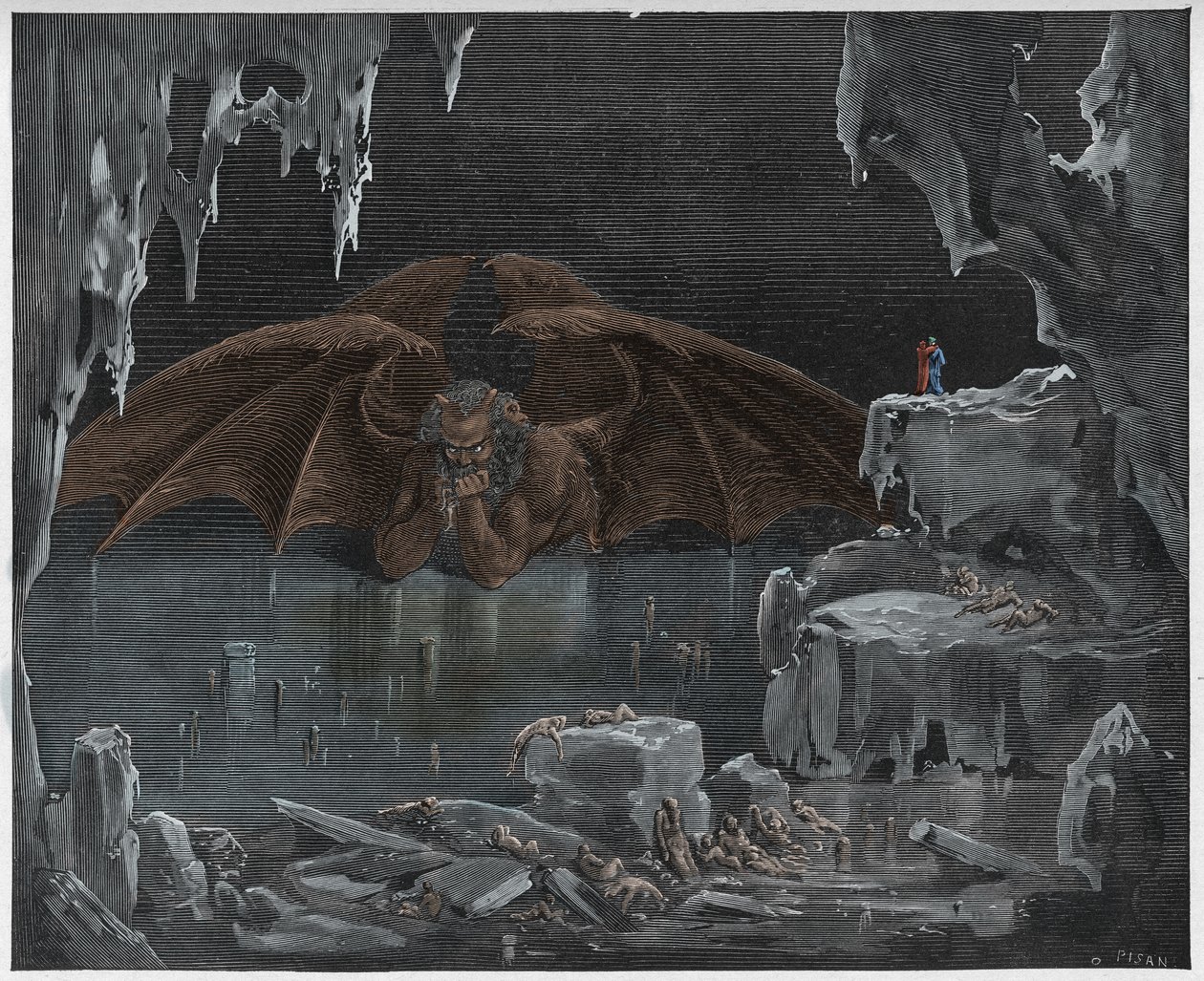 Inferno, Canto 34: Lúcifer, rei do inferno, congelado no gelo, ilustração da "Divina Comédia" de Dante Alighieri, 1885 de Gustave Dore