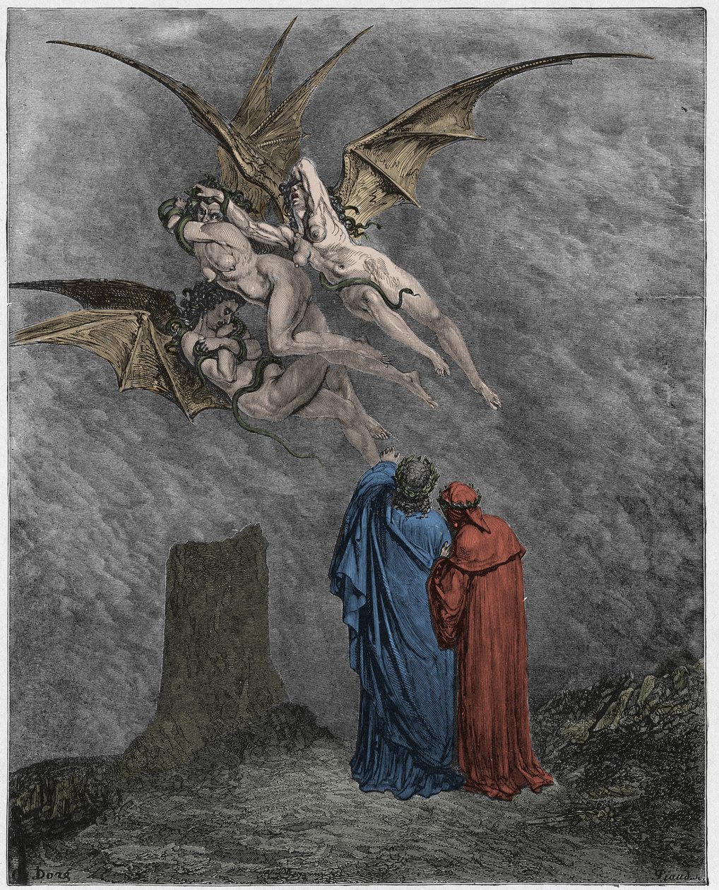 Inferno, Canto 9: As hediondas Erinyes: Megaera, Tisiphone, Alecto de Gustave Dore