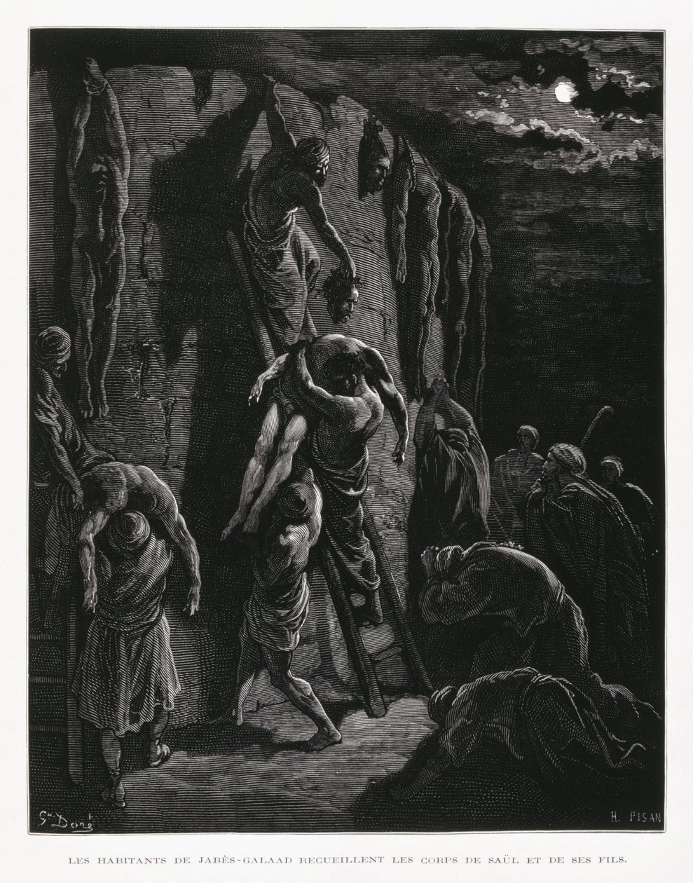 Os Jabesh-Gileaditas recuperam os corpos de Saul e dos seus filhos, Ilustração da Bíblia de Dore de Gustave Dore