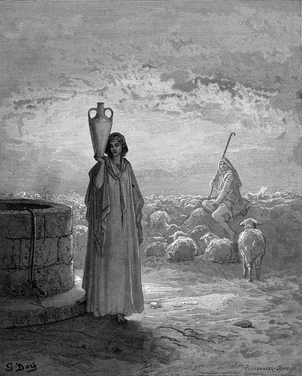 Jacó, mantendo os rebanhos de Labão, vê Raquel no poço, 1866 de Gustave Dore
