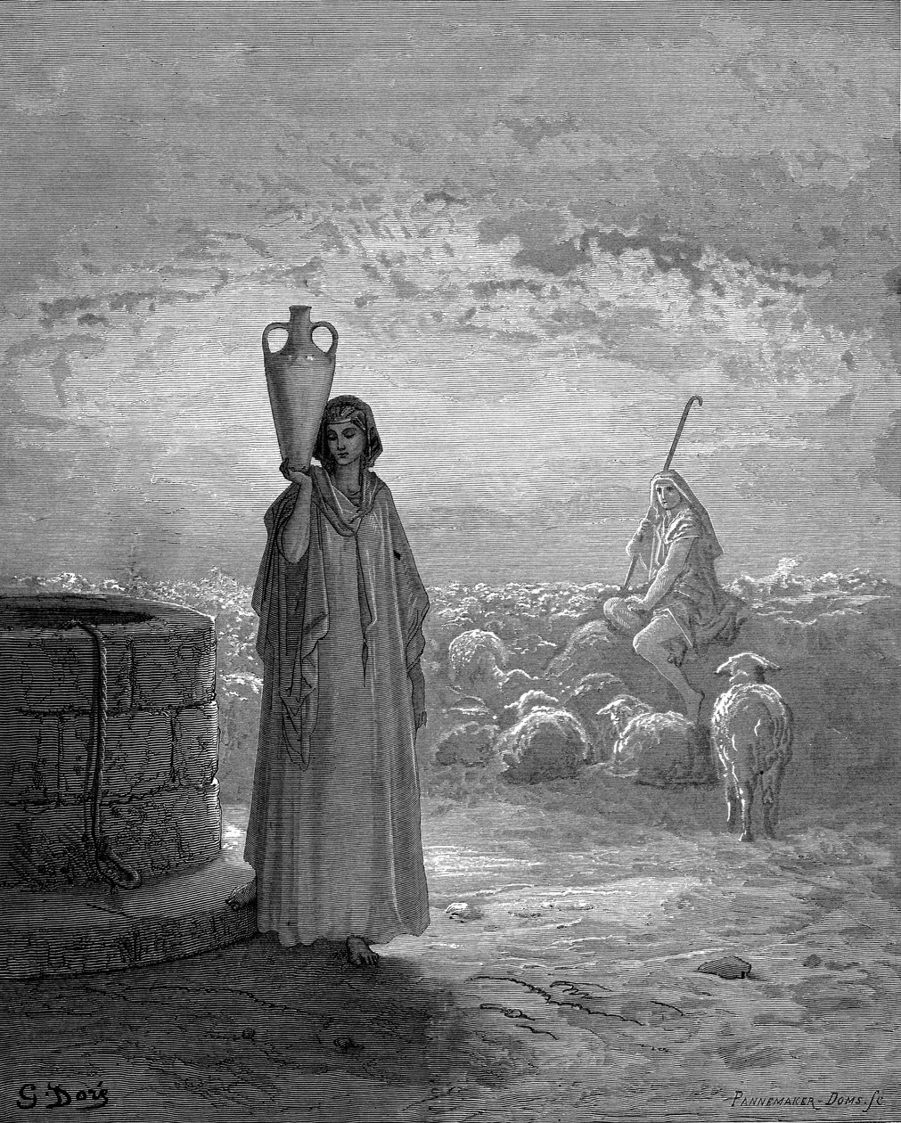 Jacob, que guarda os rebanhos de Labão, vê Raquel junto ao poço. Génesis 29. Da Bíblia ilustrada de Gustave Dore, 1866. Gravura em madeira de Gustave Dore