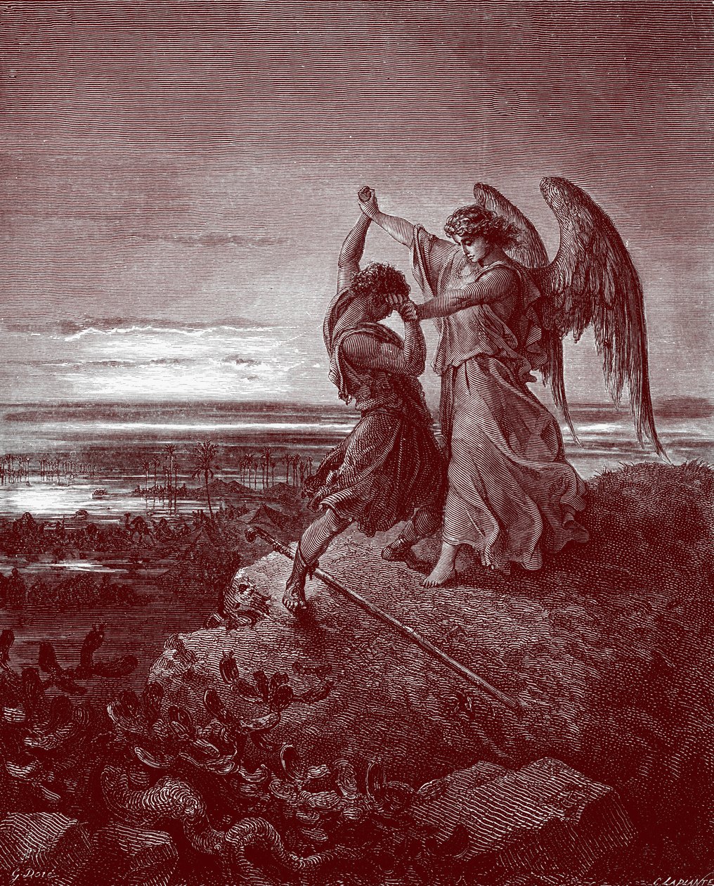 Jacob lutando com o anjo, de Doré. - bíblia de Gustave Dore