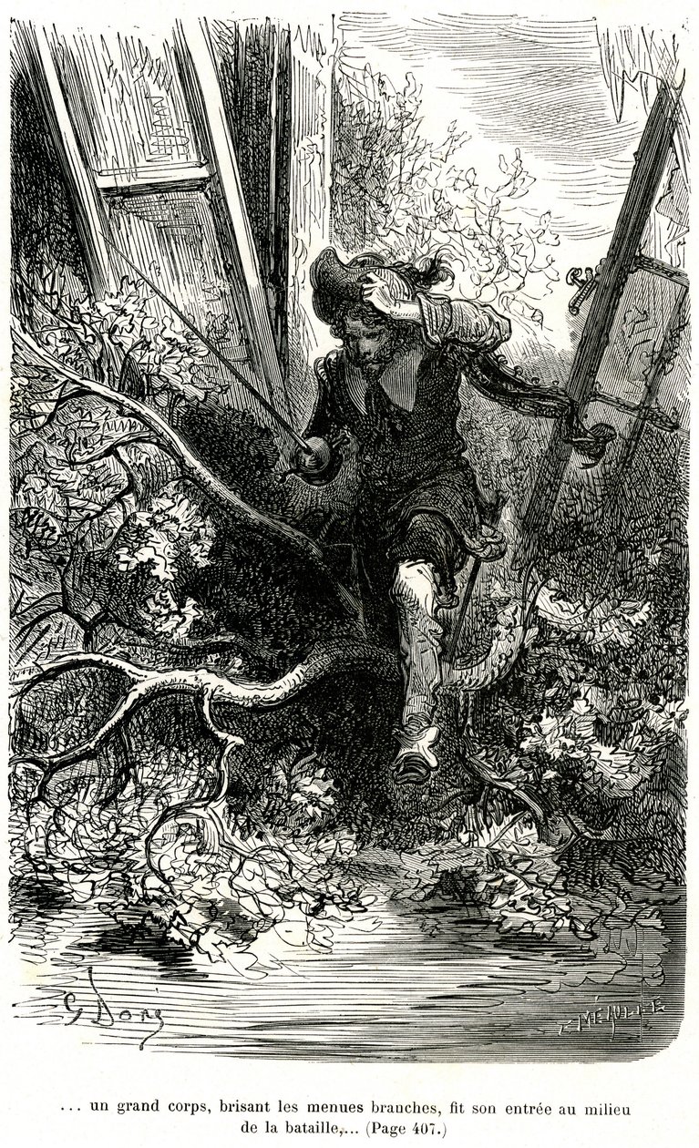 Jacquemin Lampourde, com a arma na mão, chegou a um ponto da batalha. Gravura de Gustave Dore ilustrando o romance picaresco de capa e espada de Theophile Gautier "Le capitaine Fracasse", edição Charpentier 1863. de Gustave Dore