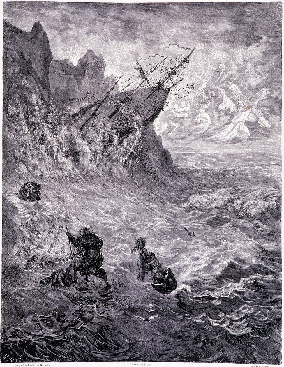 Je traverse les mers... planche X - Ilustração de Gustave Dore (1832-1883), para La legende du Jeif vagueando por Pierre Dupont, edição Librairie du magasin pitoresco, Paris 1862 de Gustave Dore