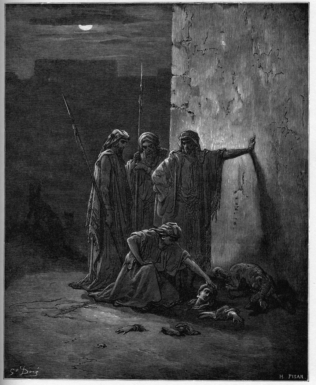 Os companheiros de Jehu encontram os restos de Jezebel" - gravura em madeira na Bíblia de Gustave Dore - os companheiros de Jehu encontram a cabeça e as extremidades de Jezabel - gravura em "The Bible illustree" de Gustave Dore (1832-1883) - gravura em "Th de Gustave Dore